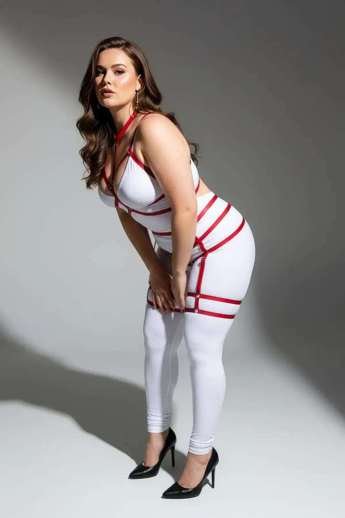Adjustable red strappy harness hip panel and double thigh garter bands, close-up