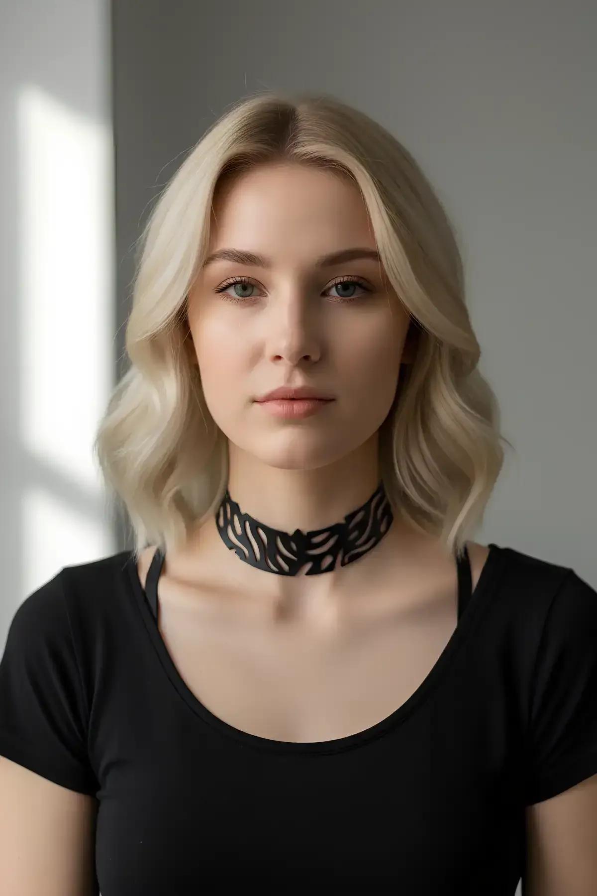 siyah lazer kesim vegan deri choker kolye yaprak geometrik motifli geniş bant boyunda