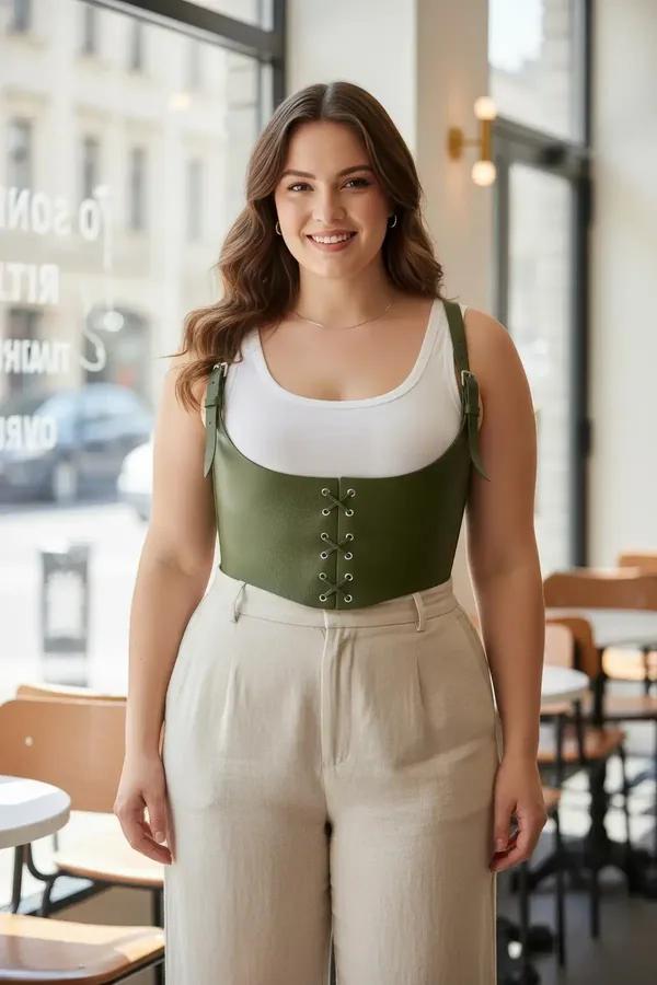 Olive green faux leather underbust corset harness top with silver lace-up front eyelets and adjustable buckle shoulder straps