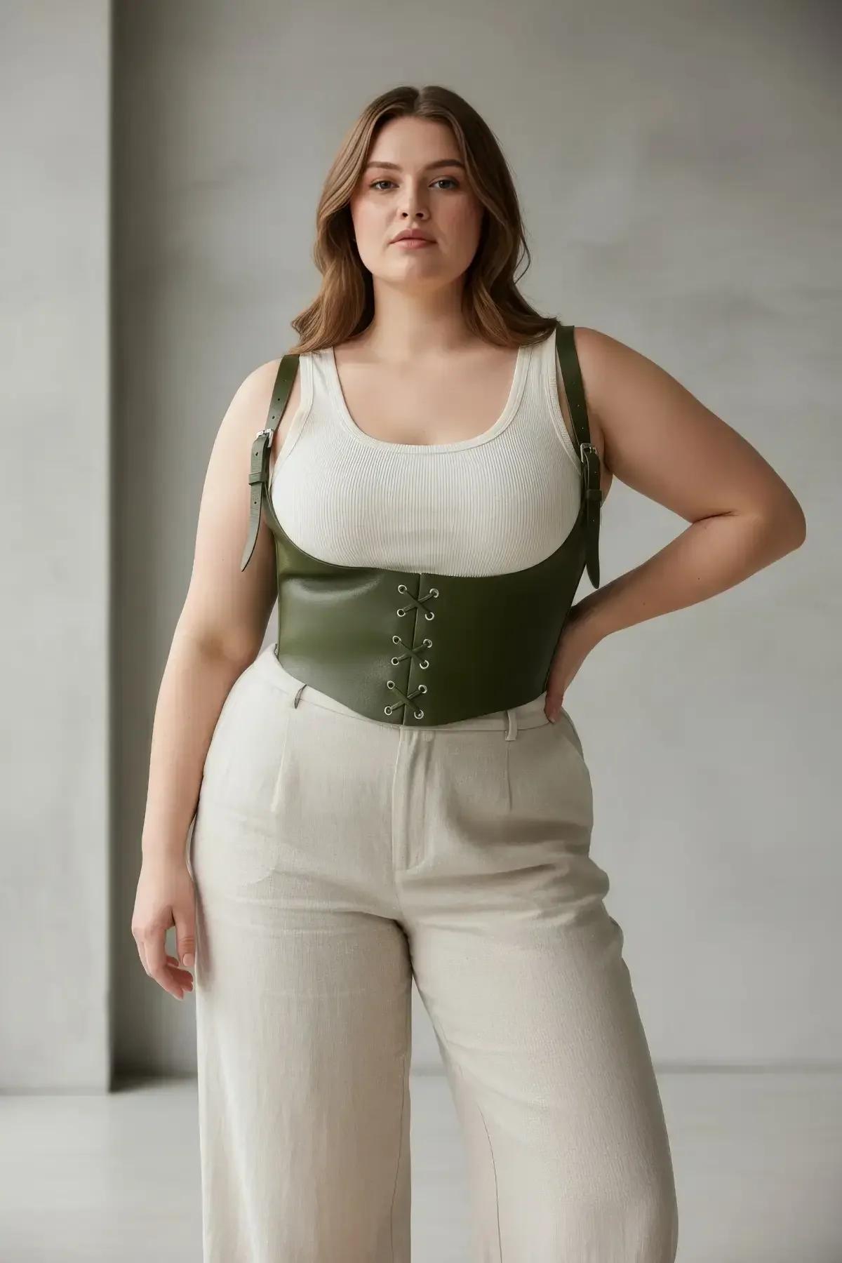 close-up of silver metal eyelet lace-up closure on olive faux leather corset harness band