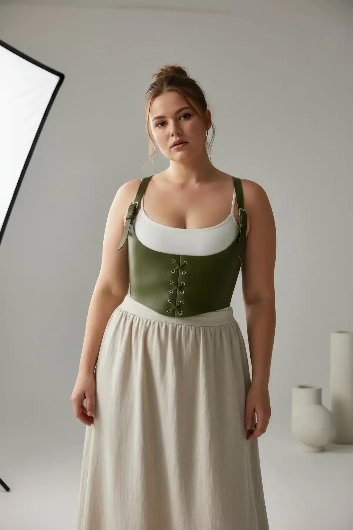 back view of olive green underbust corset harness showing adjustable silver slide buckle shoulder straps