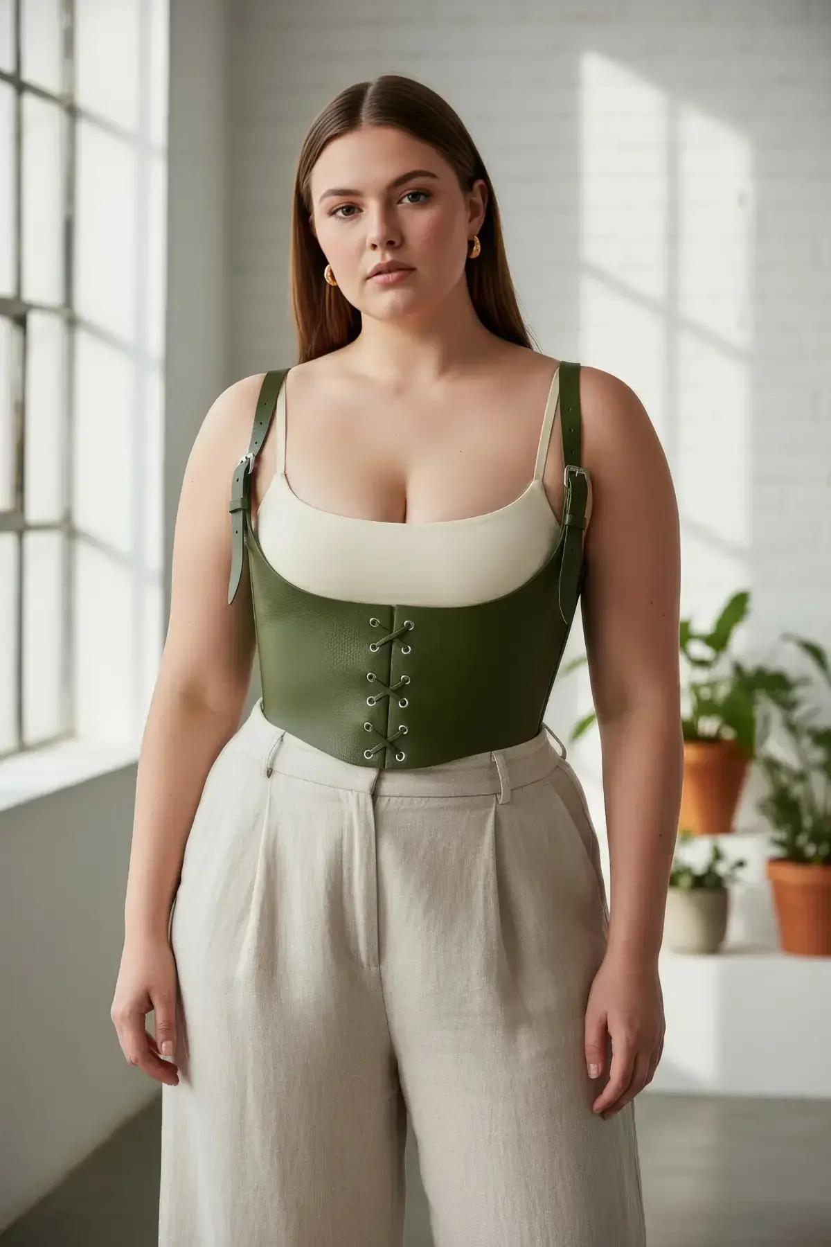 side profile of olive vegan leather underbust corset harness showing 12 cm wide waist band structure