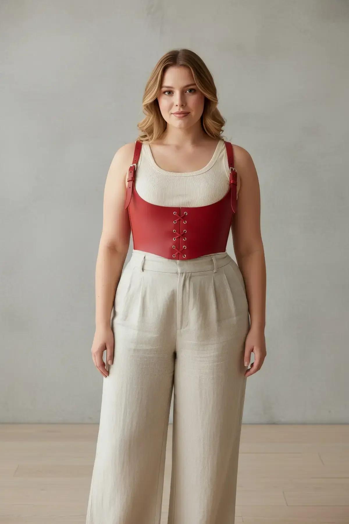 side profile of red underbust harness showing waist-cinching silhouette and wide shoulder strap with silver buckle