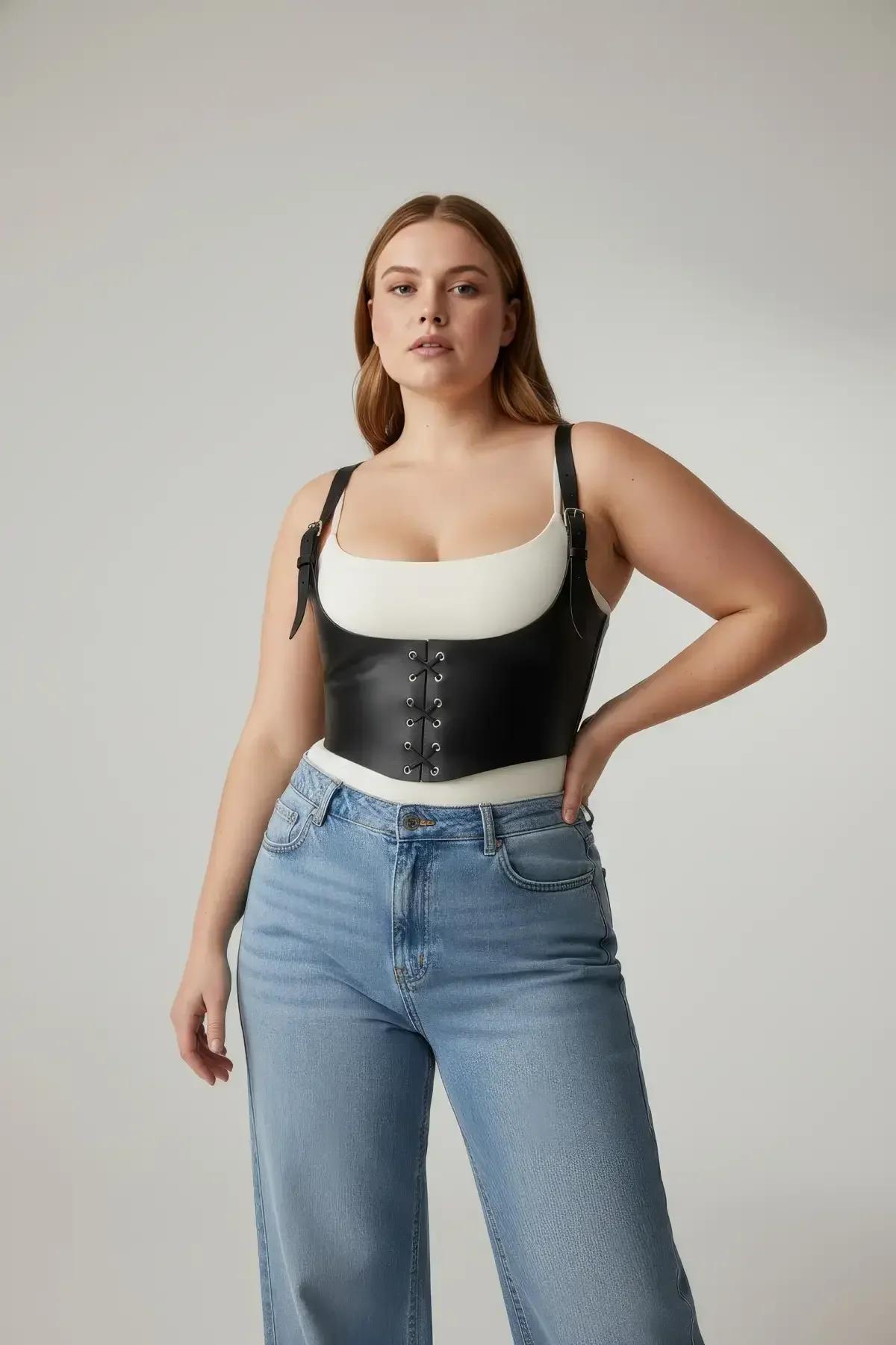 matte black vegan leather underbust harness front lace-up detail with metal eyelets close-up