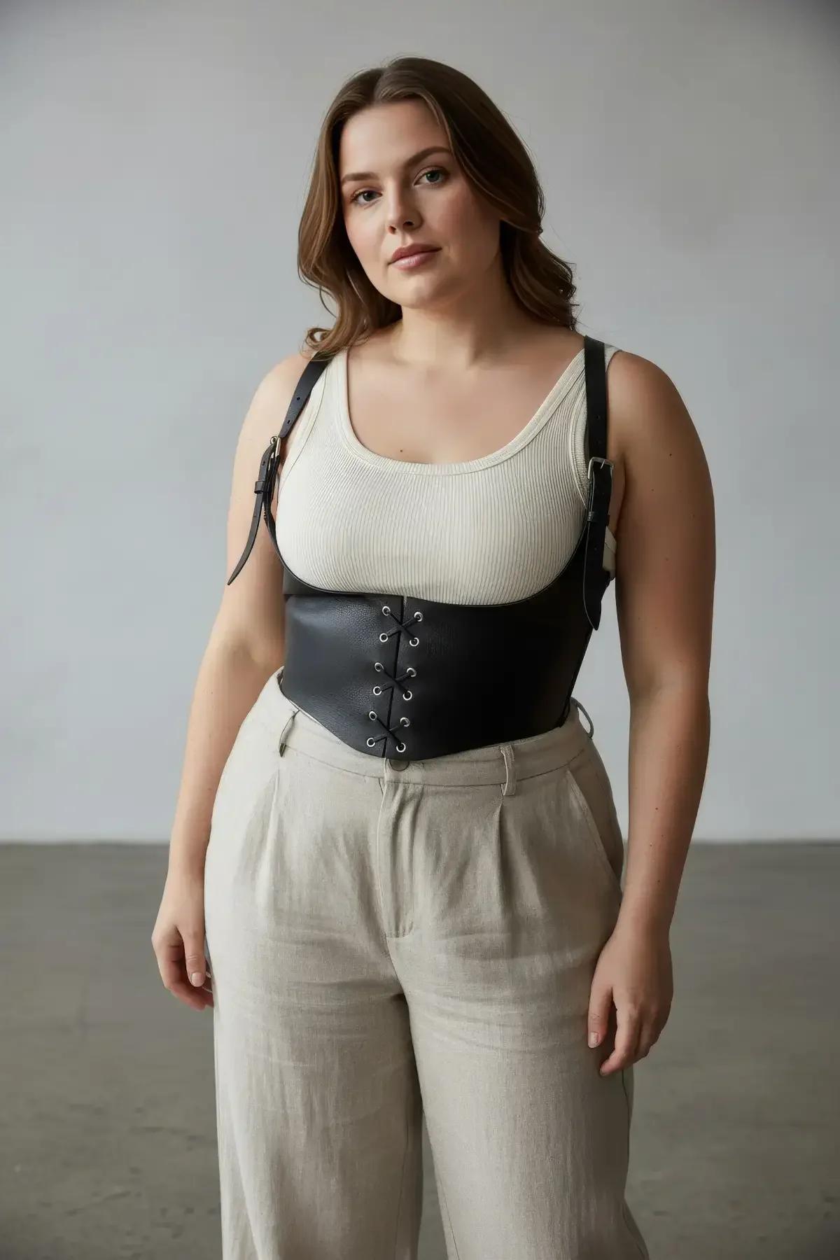 black underbust corset harness silver buckle shoulder strap adjustable detail