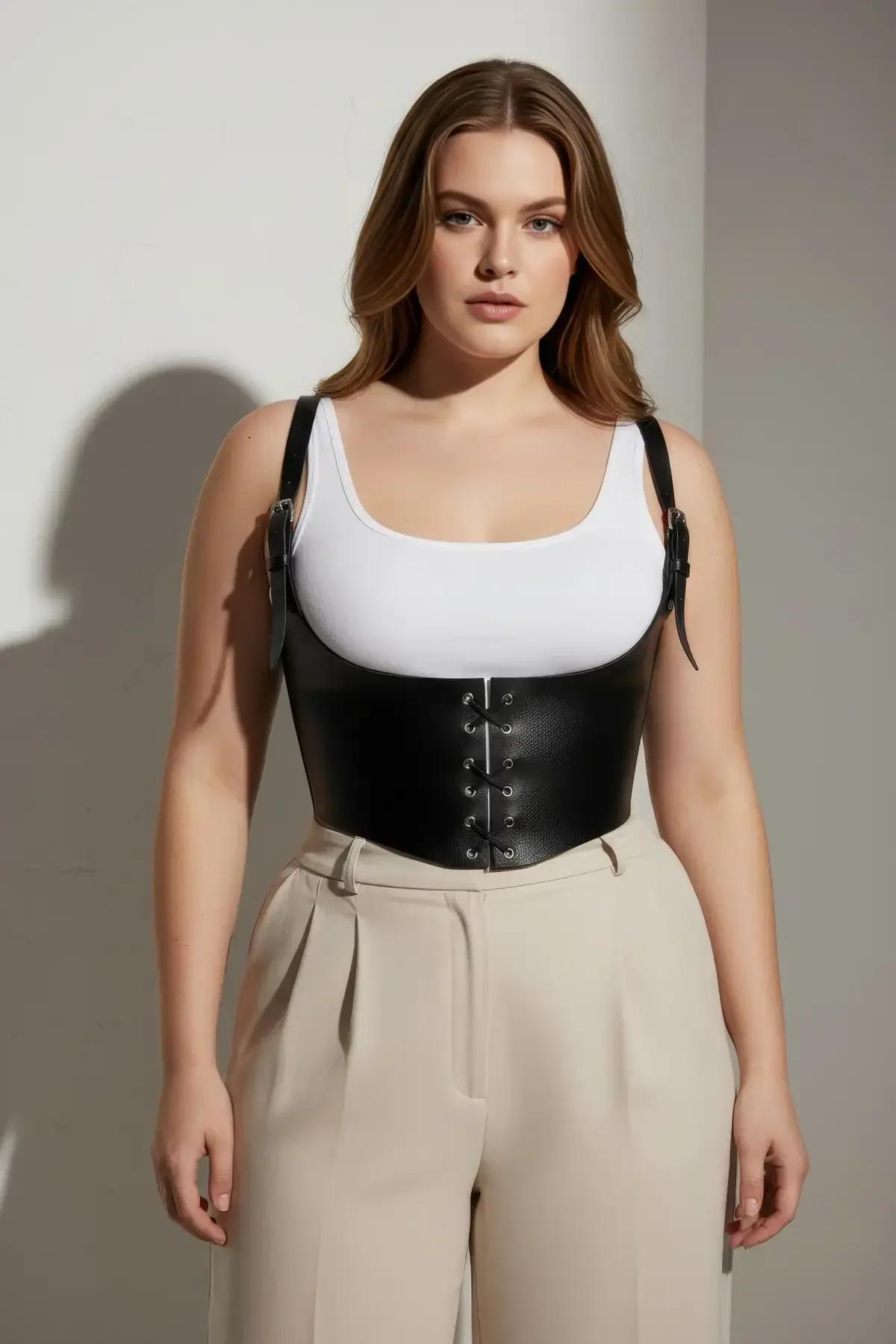 black lace-up underbust harness back strap configuration full-length view