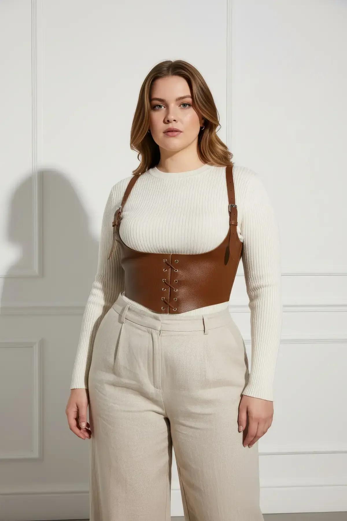 plus size model wearing tan underbust corset harness layered over white ribbed tank with beige trousers