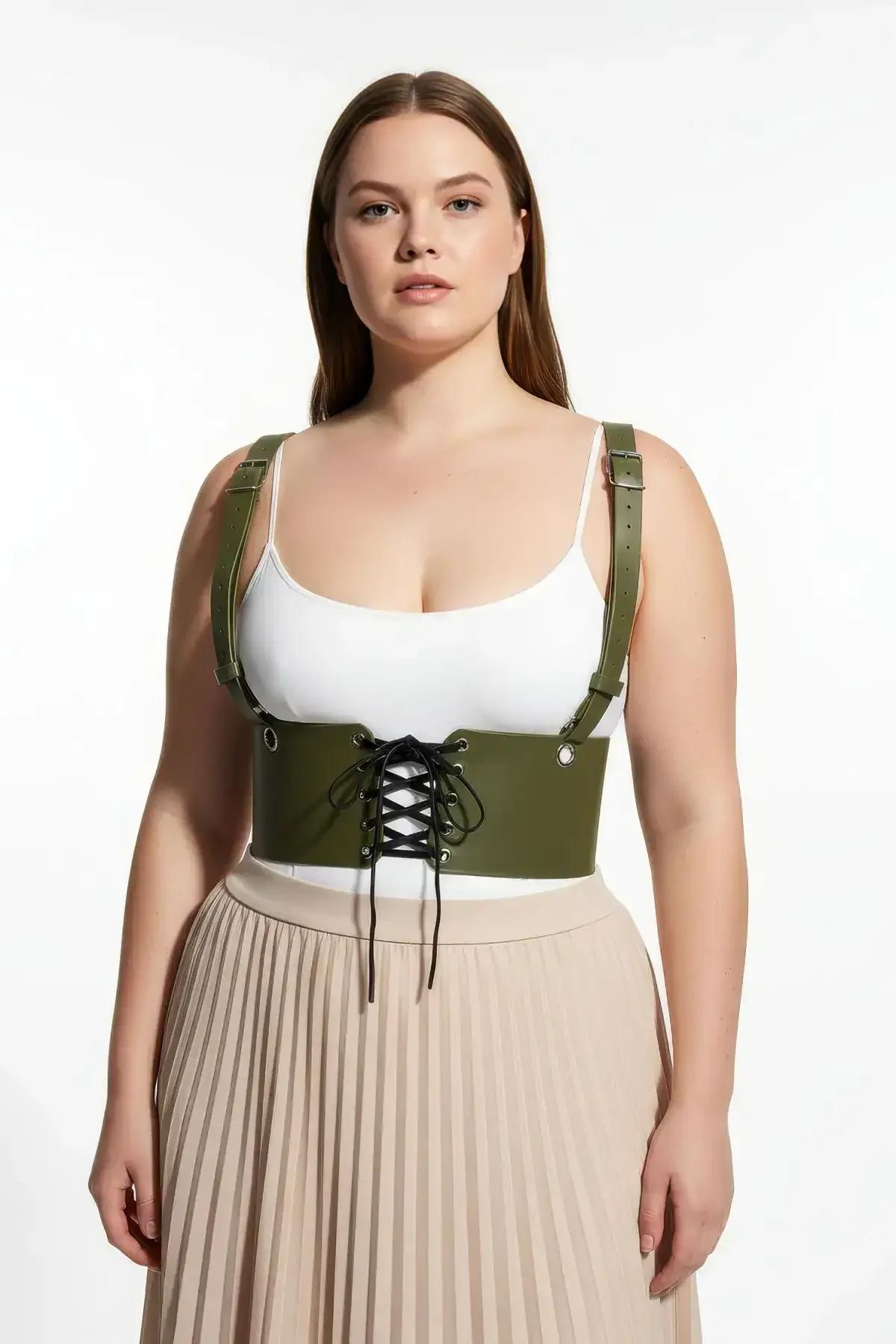 olive underbust harness shoulder strap detail showing silver buckle slider adjustment
