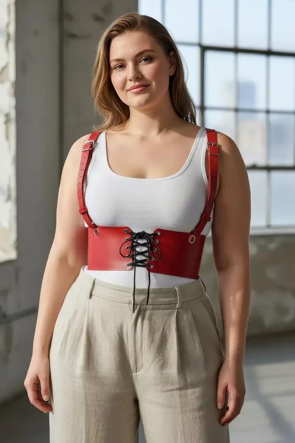 Red faux leather underbust harness with black lace-up front, gold-tone buckle shoulder straps, worn over white tank