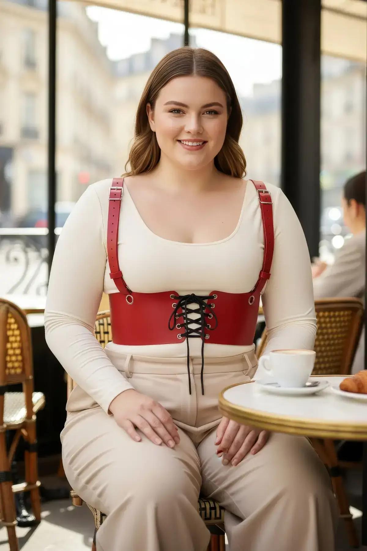 Flat lay of red underbust harness with front lace-up and gold-tone pin buckle straps on neutral background