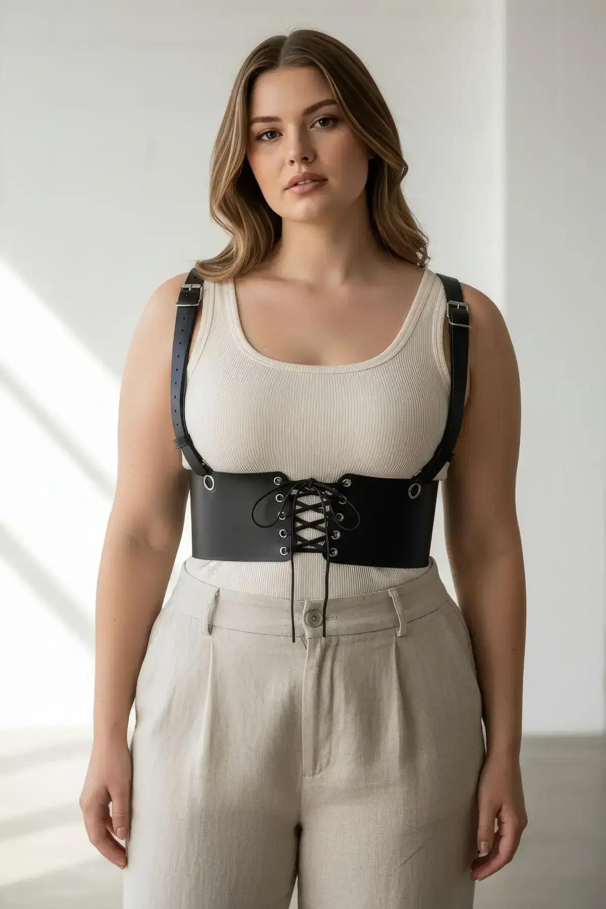 back view of black faux leather underbust corset harness showing adjustable shoulder strap buckles