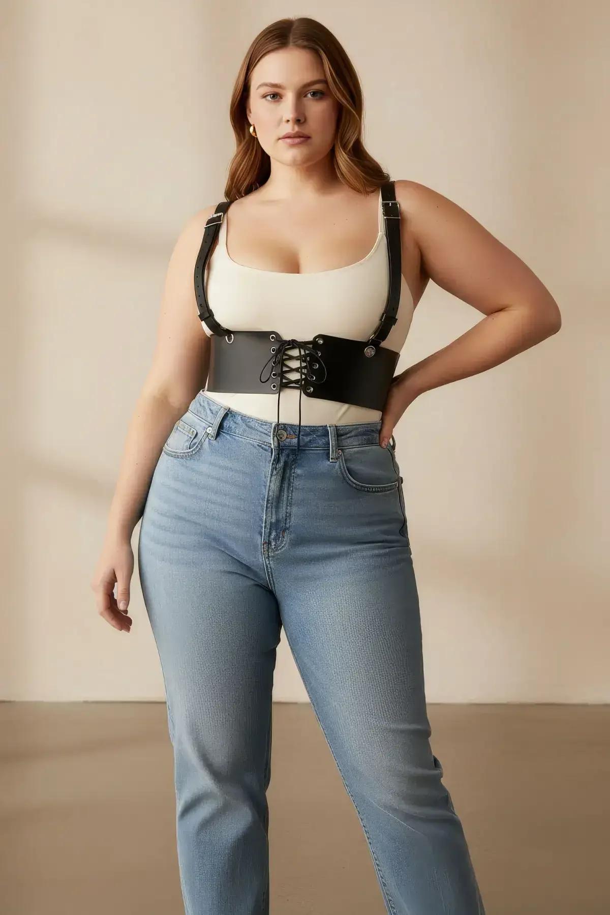 black faux leather underbust corset harness worn with high-waist trousers festival styling
