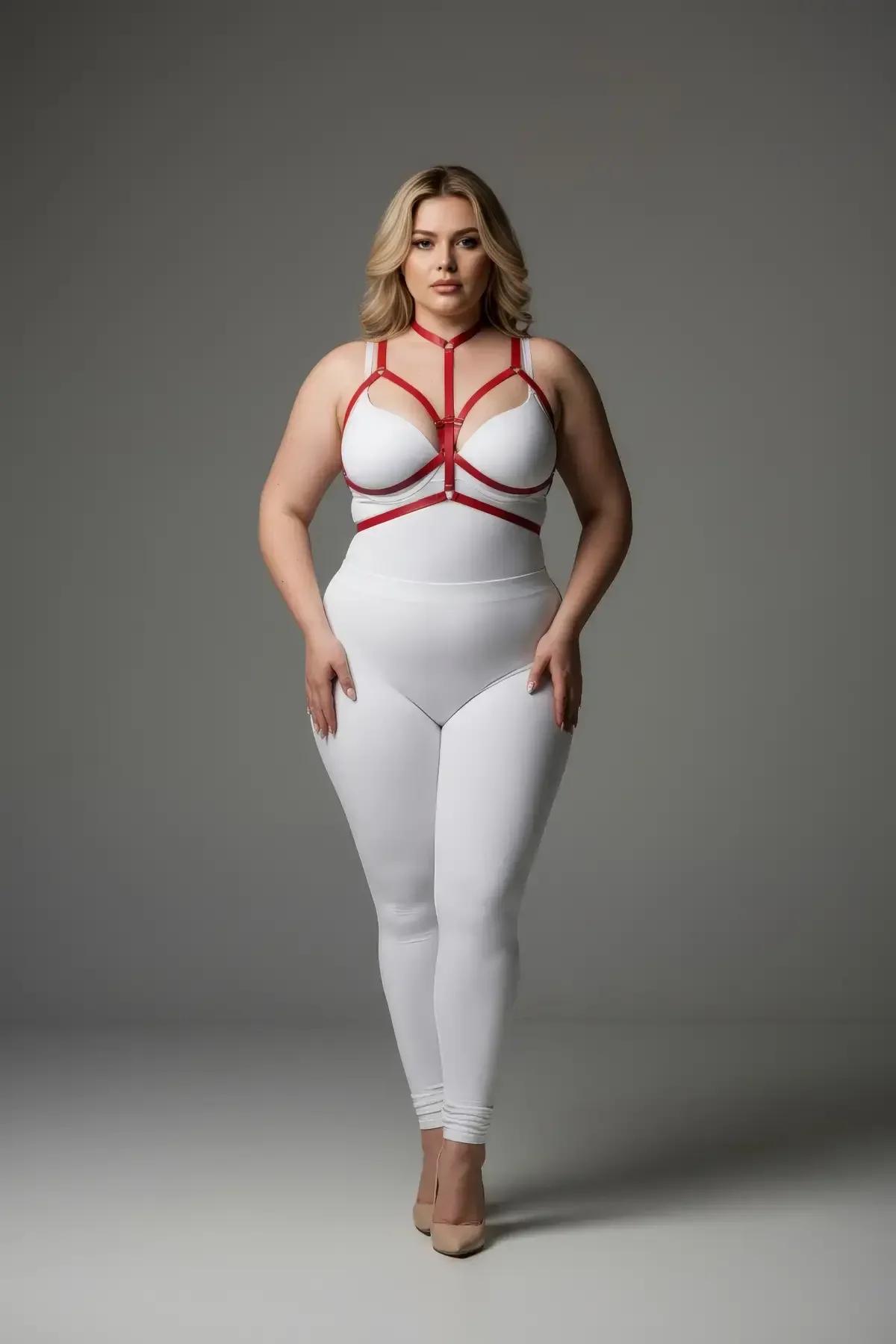 Front view of red PU vegan leather cage harness showing triangular strap configuration and silver O-ring detail