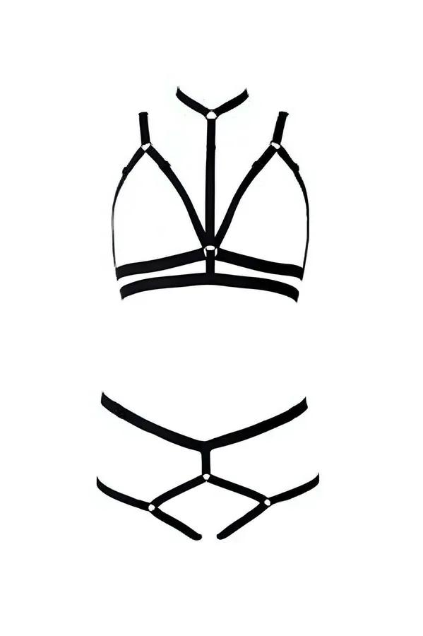 Siyah lastik bantlı kafes harness sütyen ve krem string takım, ayarlanabilir metal toka detaylı 75A-90D beden