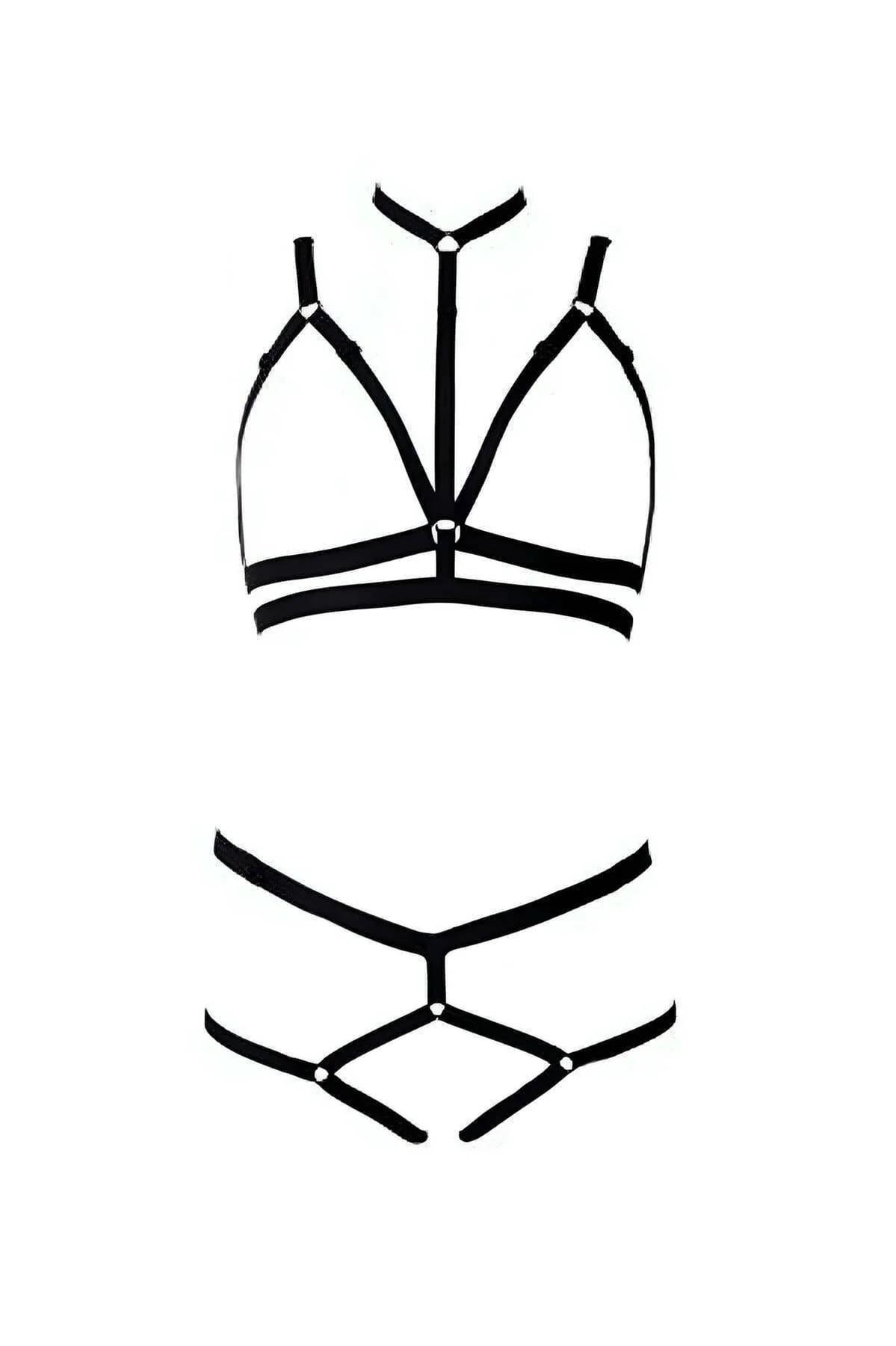 Black elastic body harness geometric cage pattern on torso, side angle view