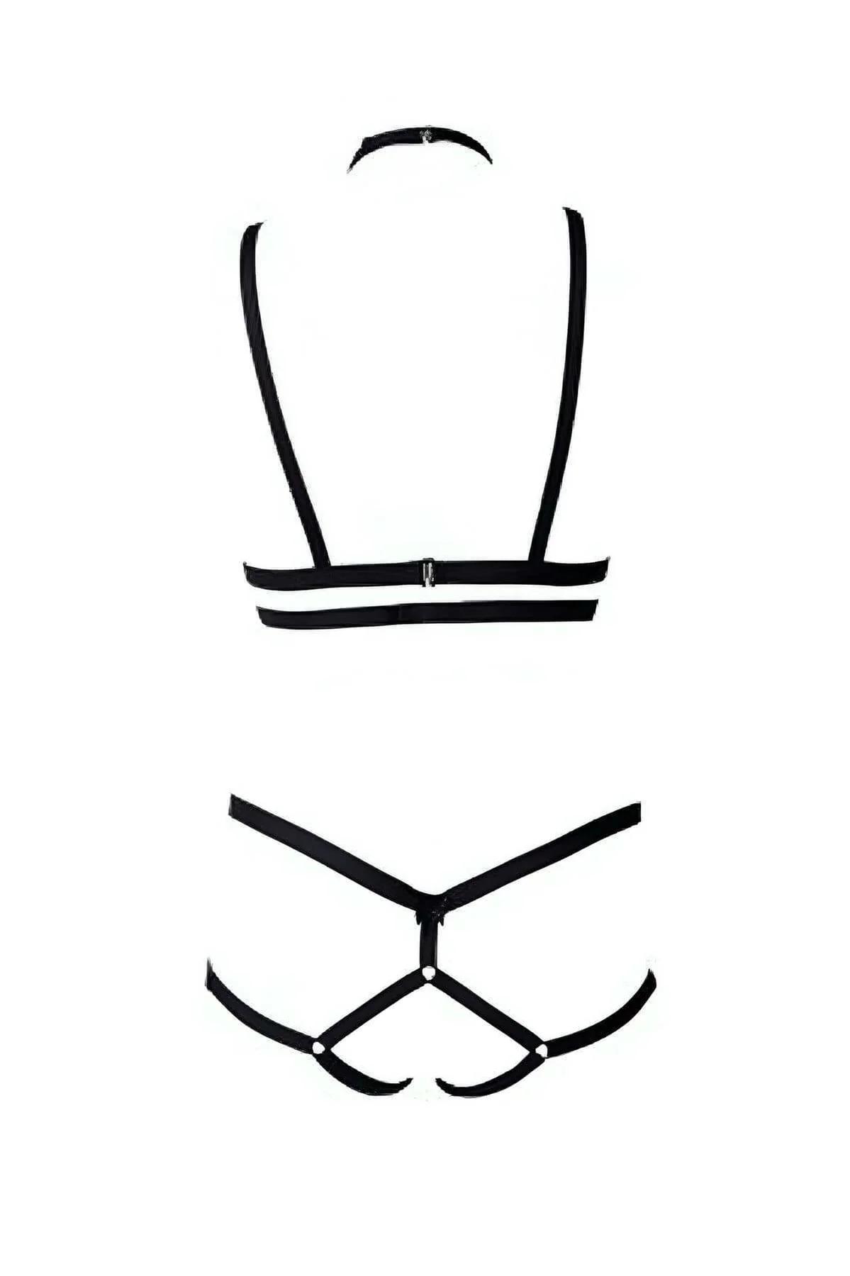 Black cage harness set two-piece with choker and hip strap, full-length fashion styling