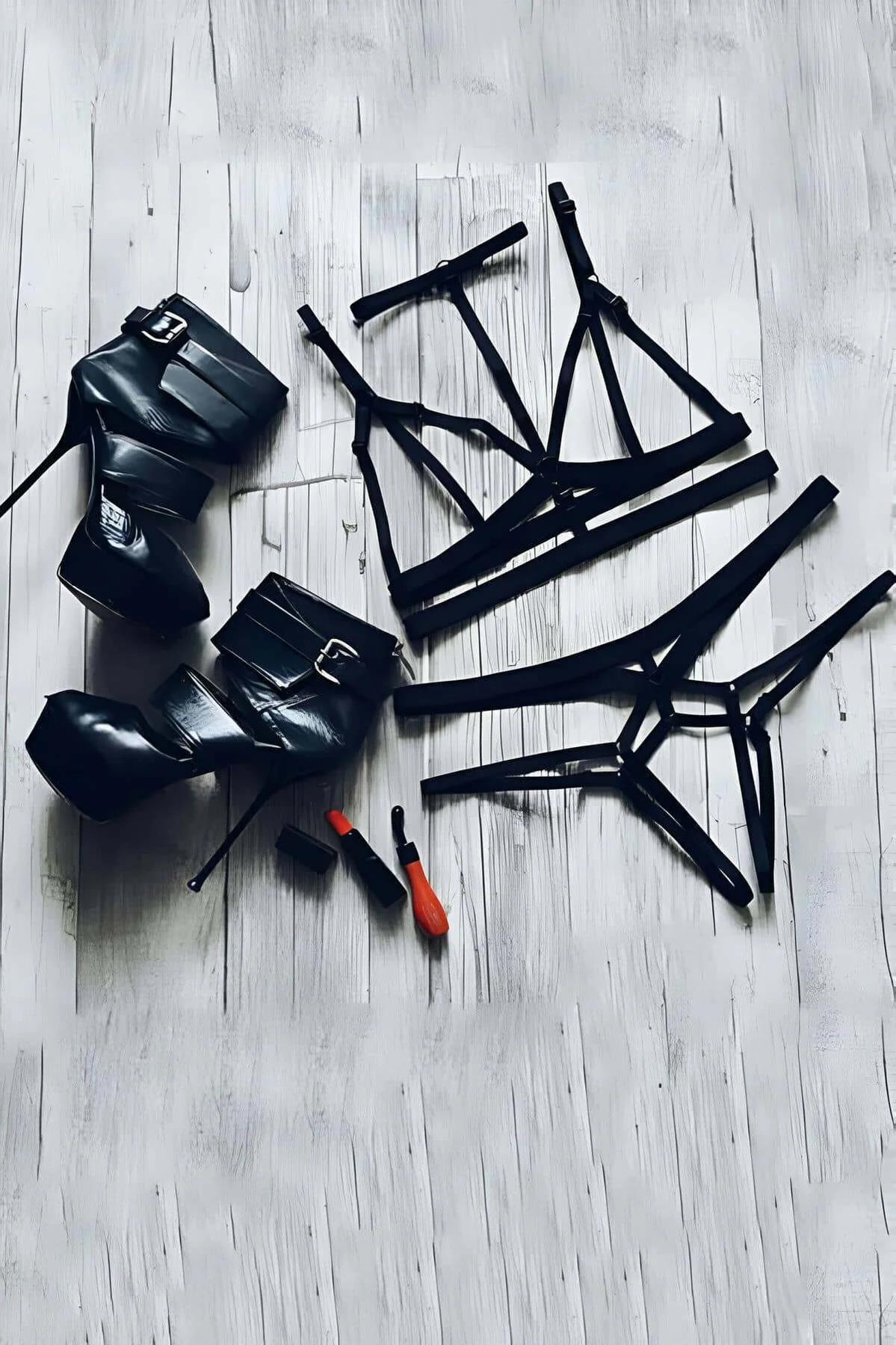Black Elastic Cage Harness Set with Choker & Hip Straps