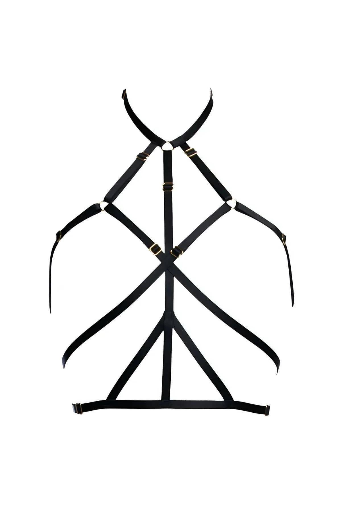 Black cage bralette geometric strap botanical floral embroidery mesh cups gold buckle front view