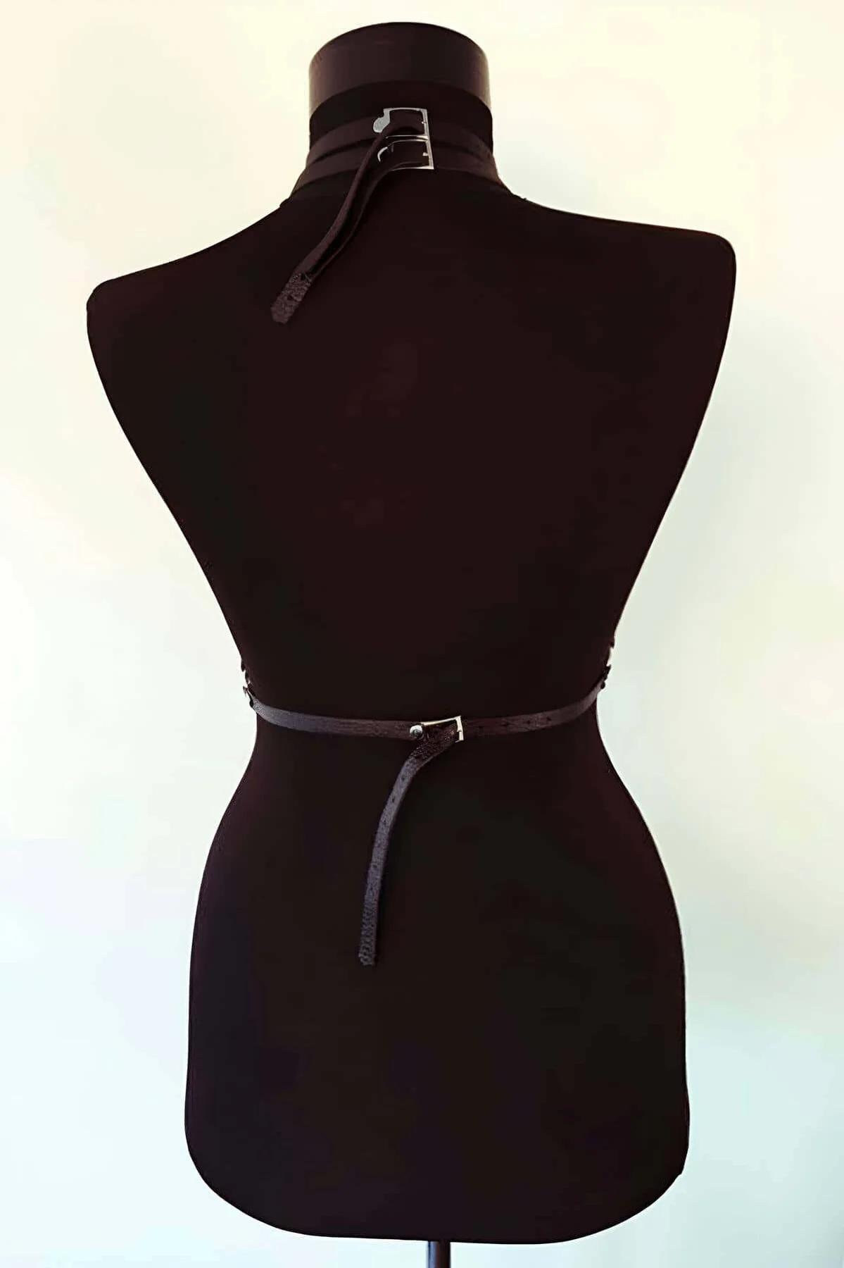 faux leather chest harness black waist band adjustable snap buckle side view
