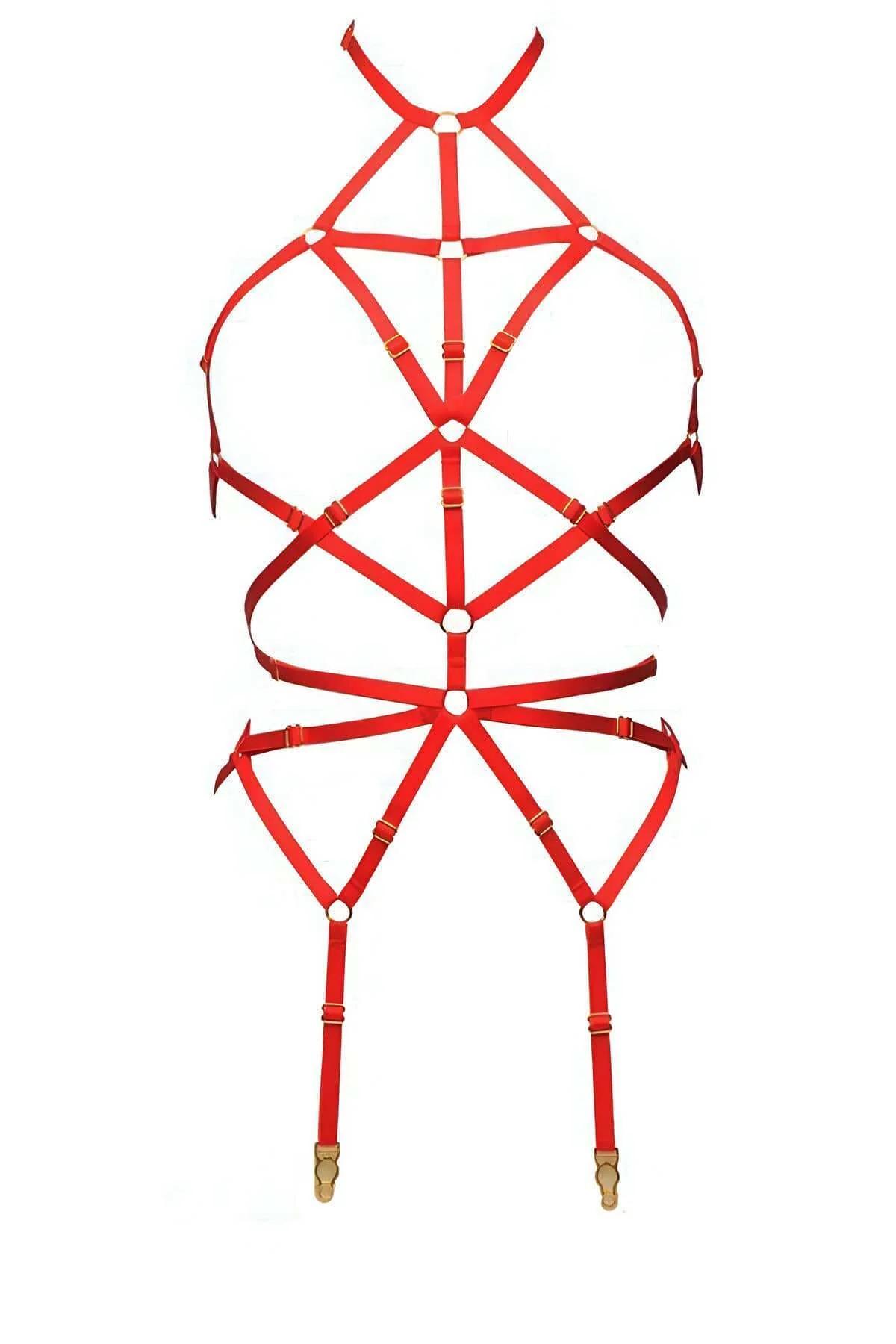 kırmızı saten lastik harness geometrik çapraz bant deseni önden görünüm