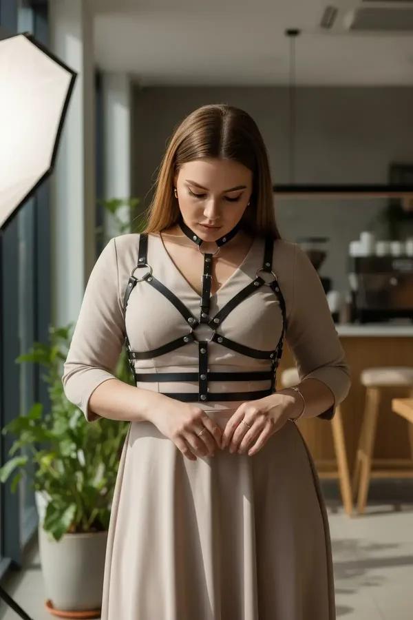 black faux leather caged chest harness with choker and silver O-rings worn over white tank top street style
