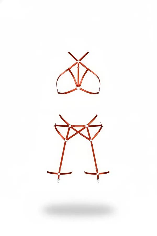 kiremit harness takım çapraz bantlı bralette ve jartiyerli bel haması gümüş halka detaylı 2 parça set