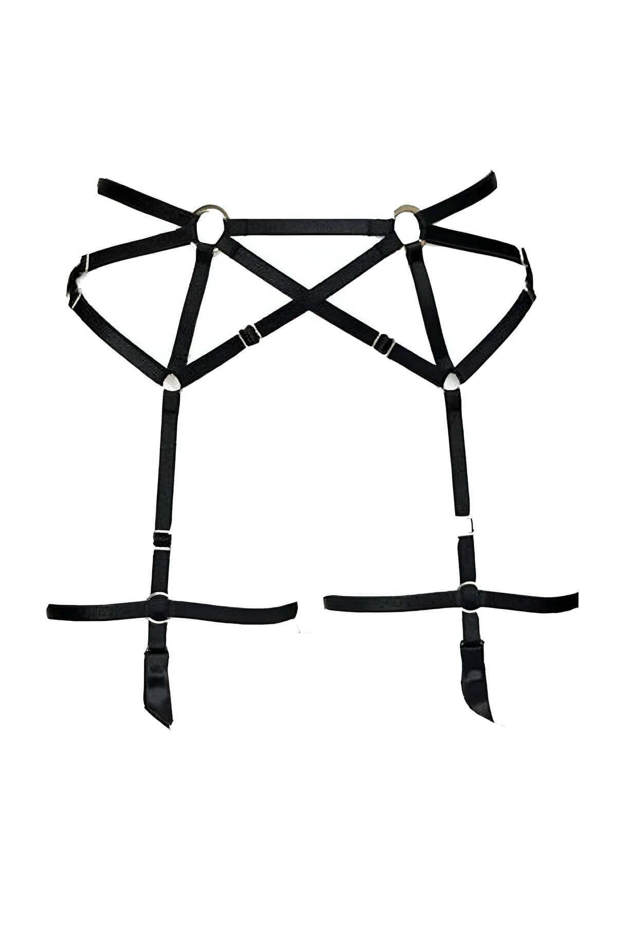 Jartiyer harness yan açı, çapraz bant yapısı ve gümüş metal toka yan profil