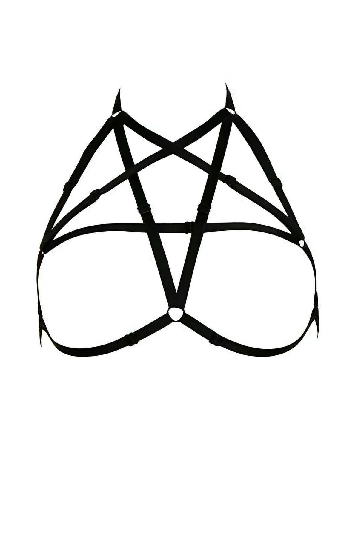 Pentagram desenli siyah elastik bant göğüs harness gümüş O-halka bağlantılı