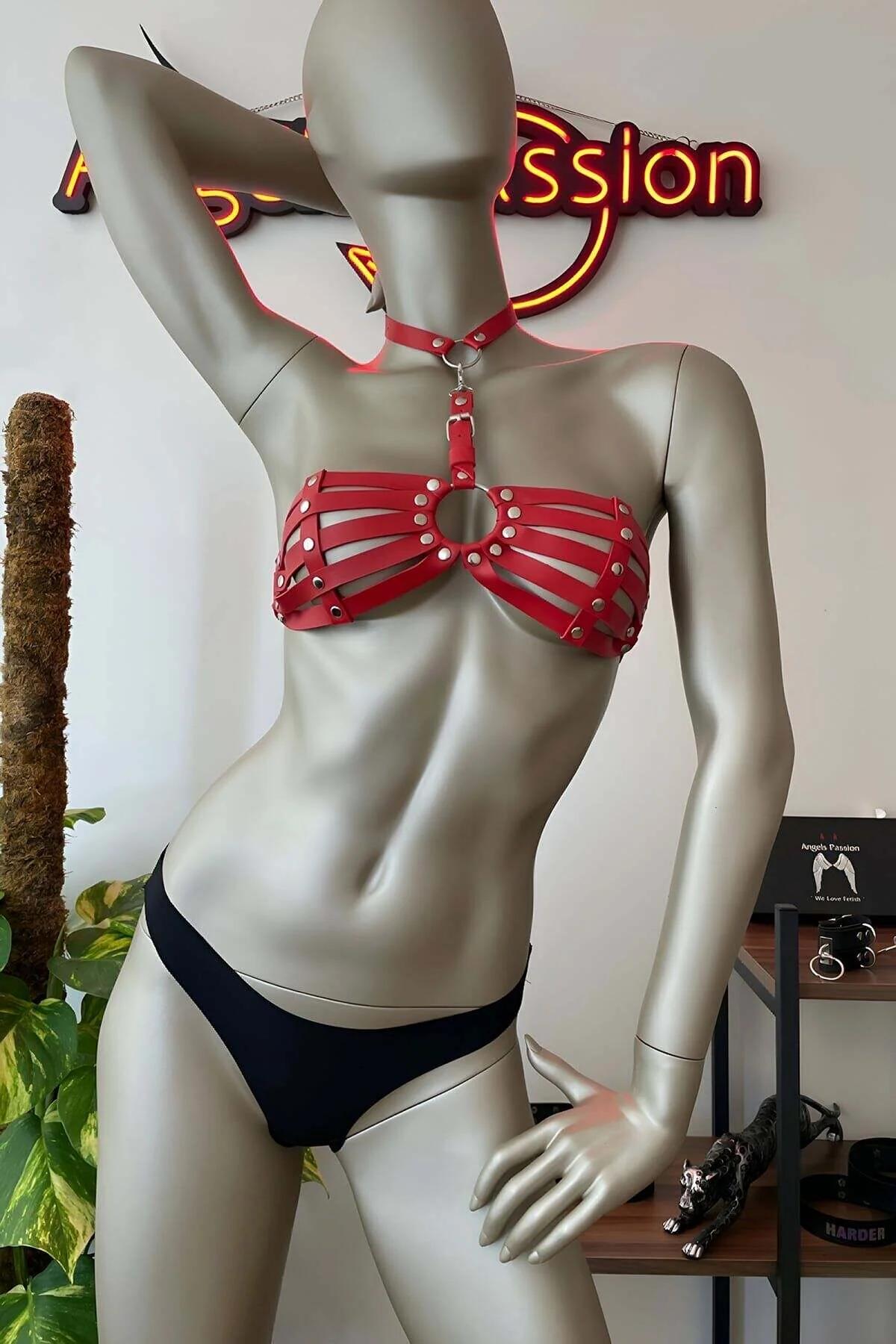 cage bra red vegan leather 5 bands gold rivet detail side angle view