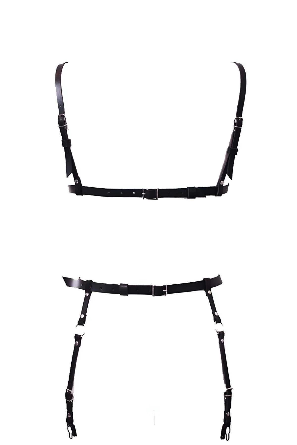 siyah suni deri X bantlı üst harness gümüş O-ring detayı önden görünüm