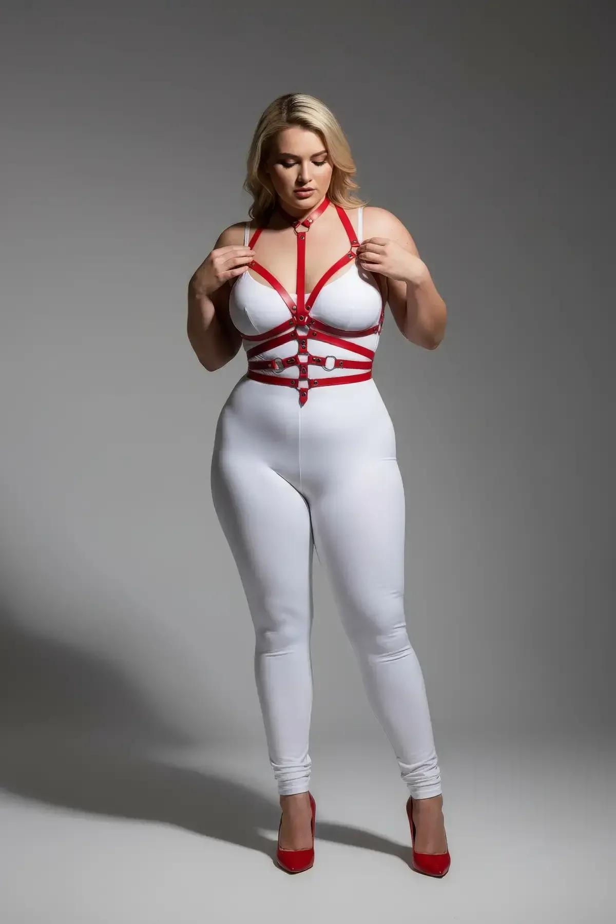 red body harness detachable chain detail — 15 cm silver-tone chain clipped to center O-ring