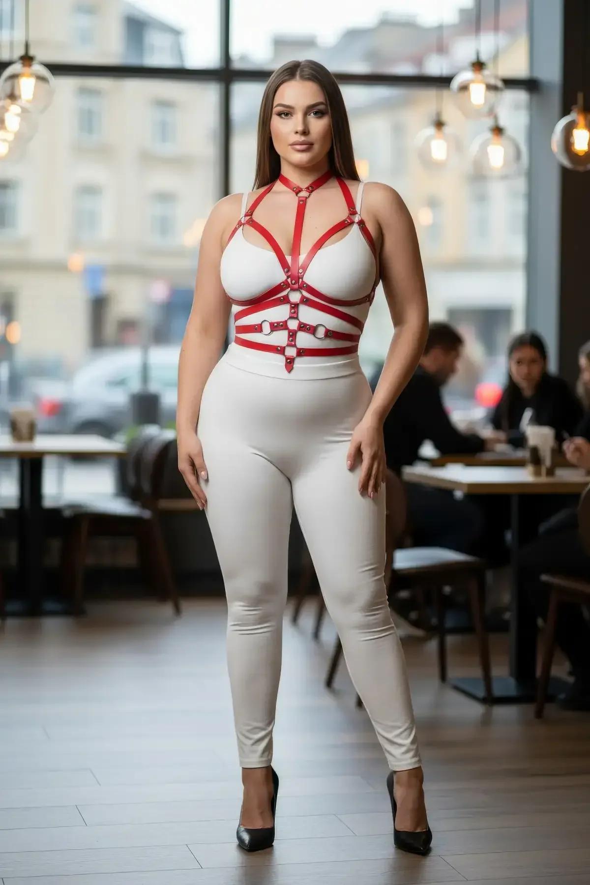plus size model wearing red cage body harness over white outfit showing adjustable strap fit