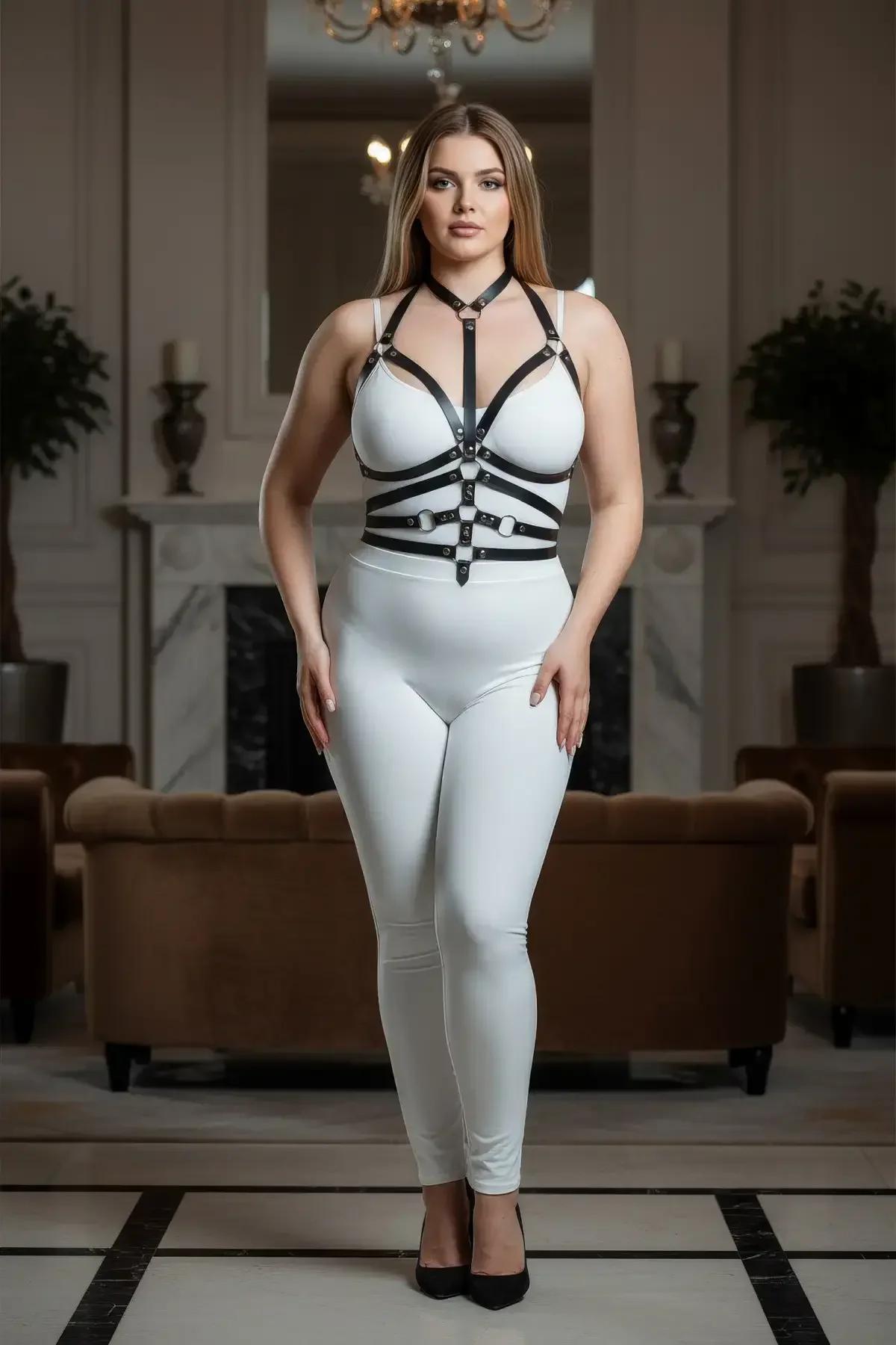 flat lay of black faux leather body harness with four horizontal bands and V-chest panel