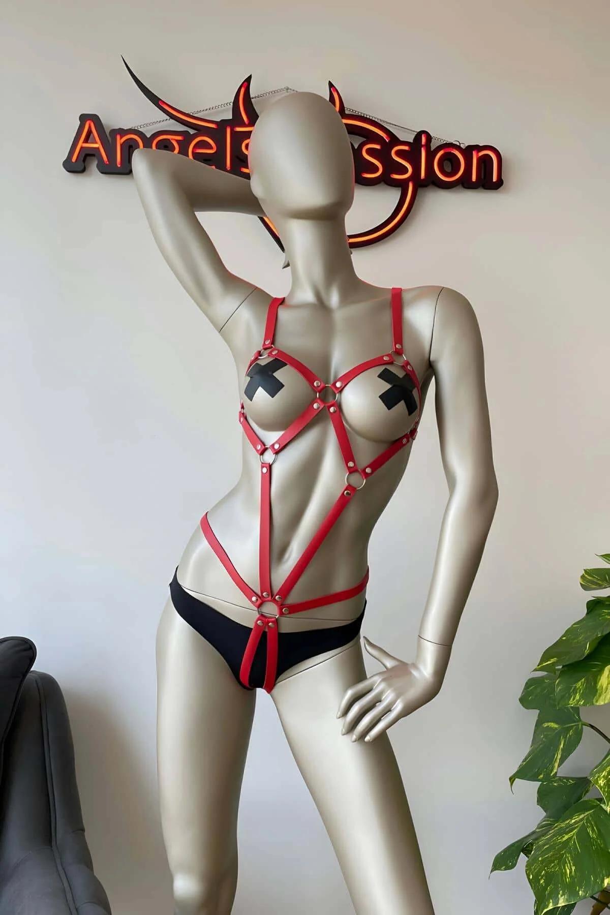 red body harness back buckle closure silver-tone adjustable strap fashion lingerie