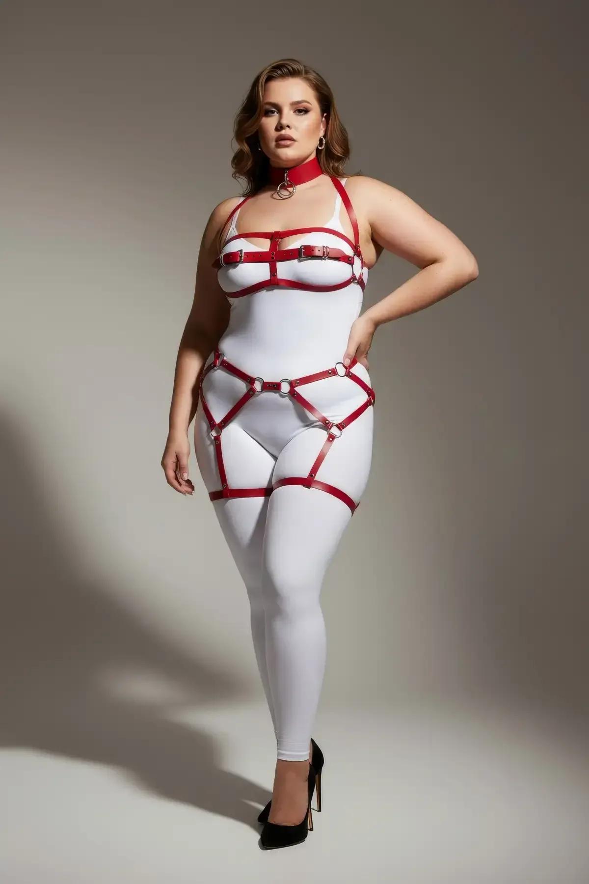 Red PU faux leather chest harness with gold O-ring center choker detail, front view close-up