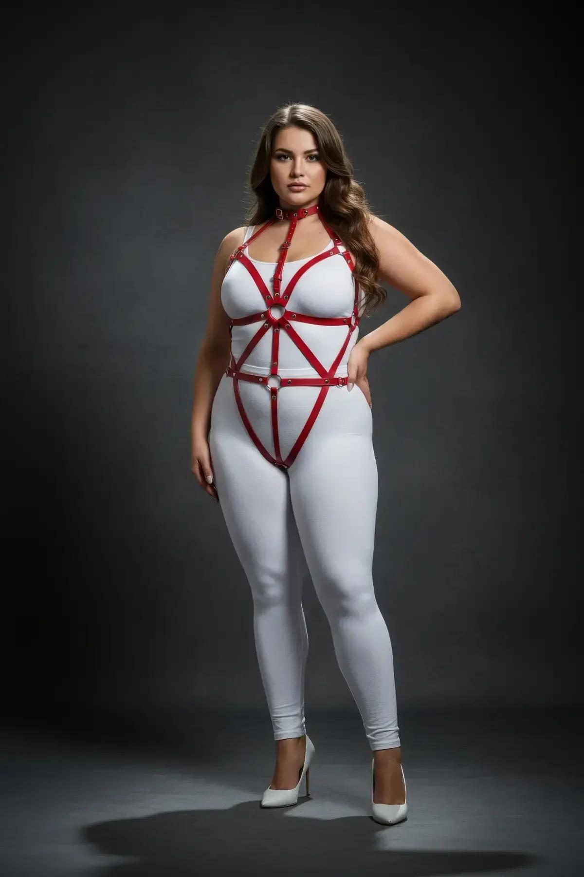 Full-length back view of red vegan leather full body harness with adjustable shoulder and collar straps