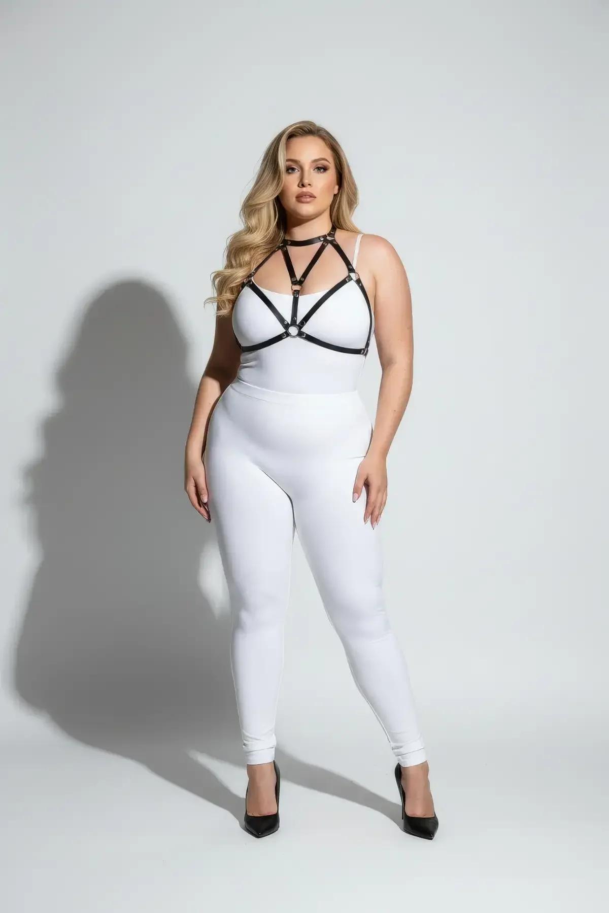 strappy harness bra with central gold O-ring underbust anchor and V-shape shoulder straps in black