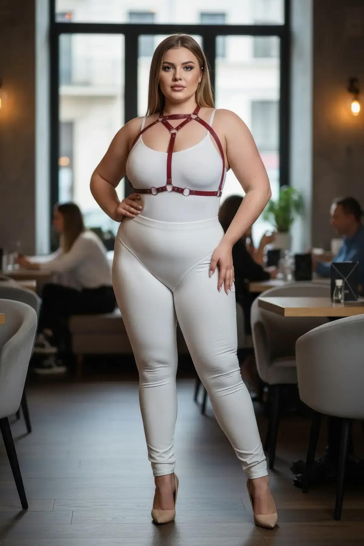 plus size model wearing red cage chest harness showing adjustable strap fit