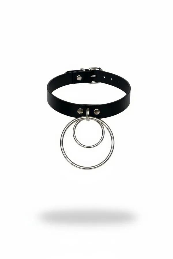 siyah vegan deri ince bant choker gümüş iç içe çift metal halka detaylı önden görünüm