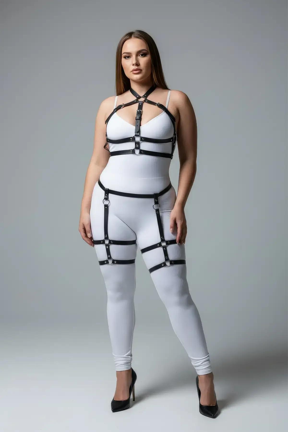 Black full body harness garter straps and adjustable thigh band detail, side view