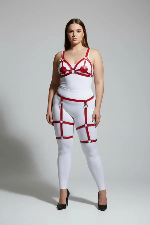 red faux leather strappy harness set with cage chest straps silver O-rings and thigh garter cages