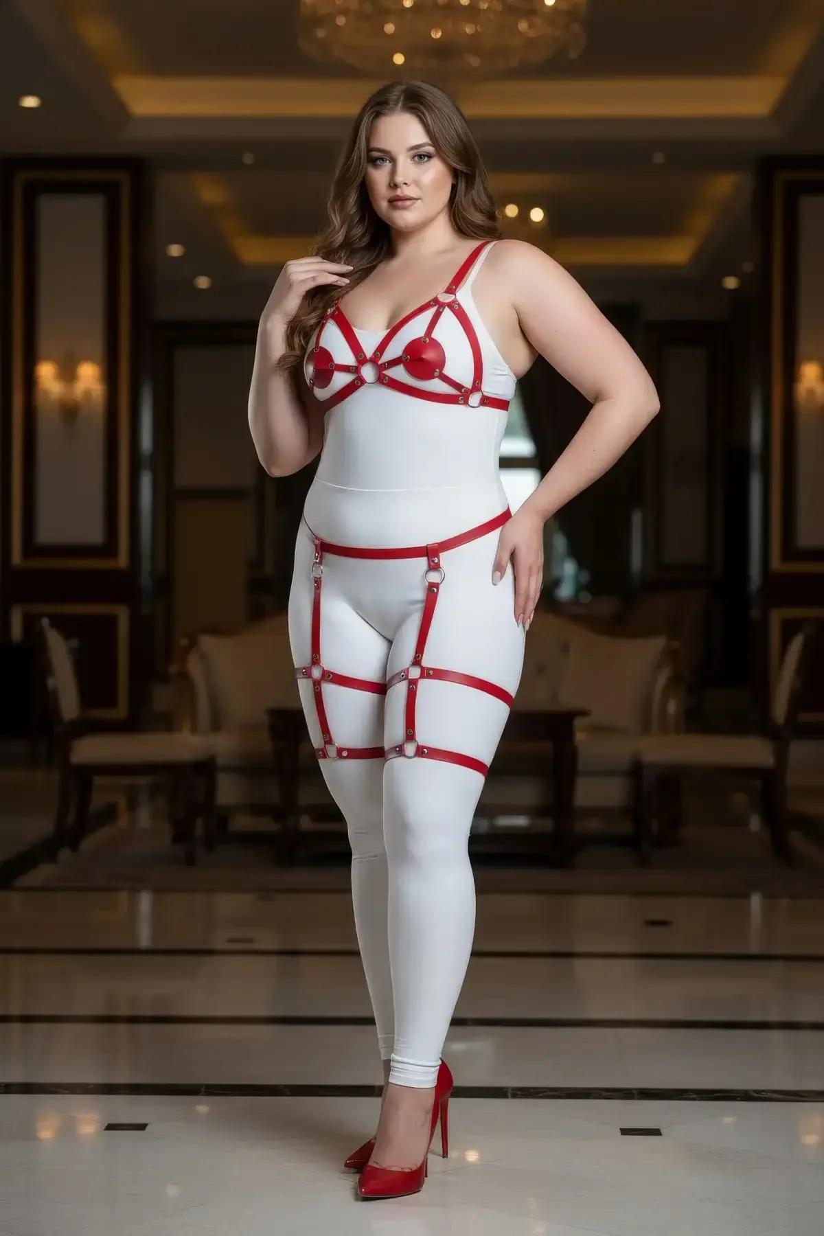 plus size red faux leather body harness with garters worn over white bodysuit side angle