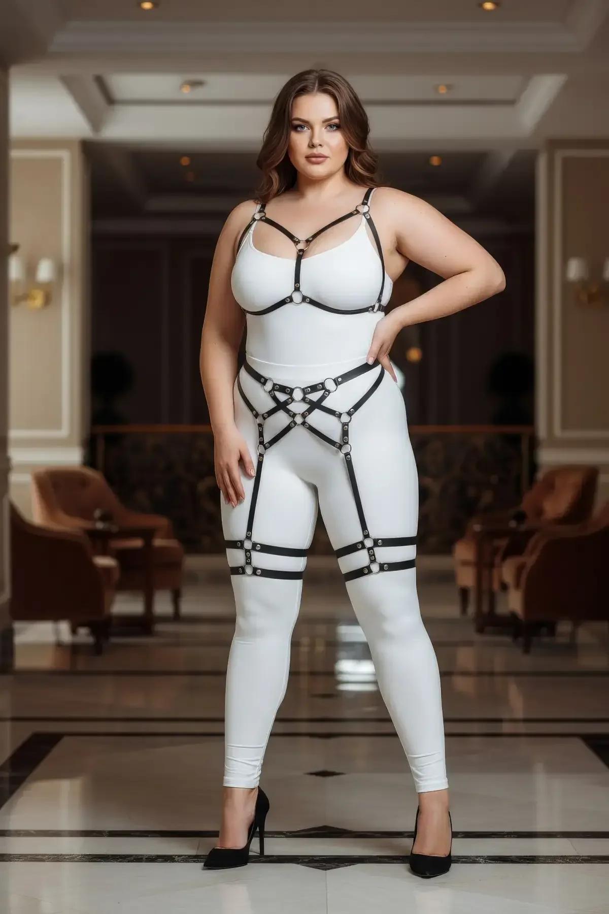 Black faux leather thigh garter bands with double parallel straps and silver adjustment sliders