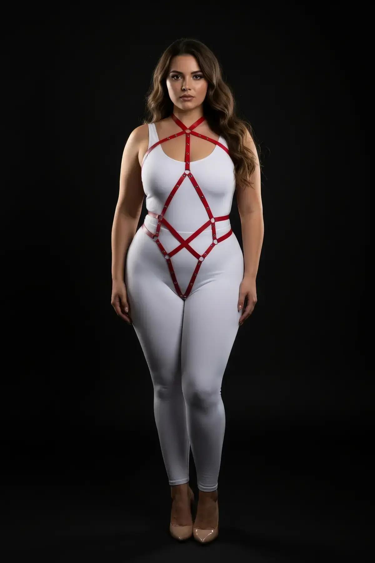 Kırmızı suni deri harness göğüs çapraz kayış ve gümüş O-ring bant kavşakları ön görünüm