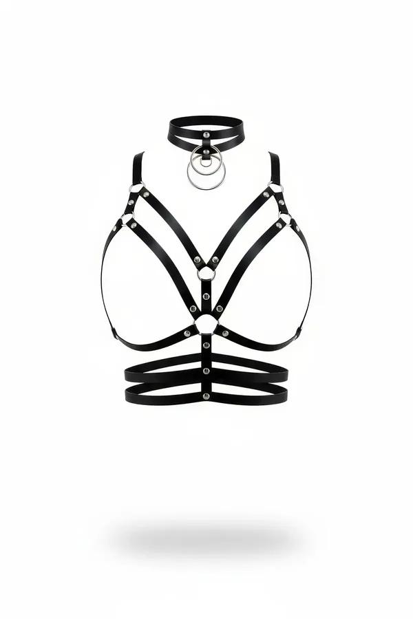 Siyah vegan deri vücut harness gümüş O-halka choker ve çift bel bandı detaylı