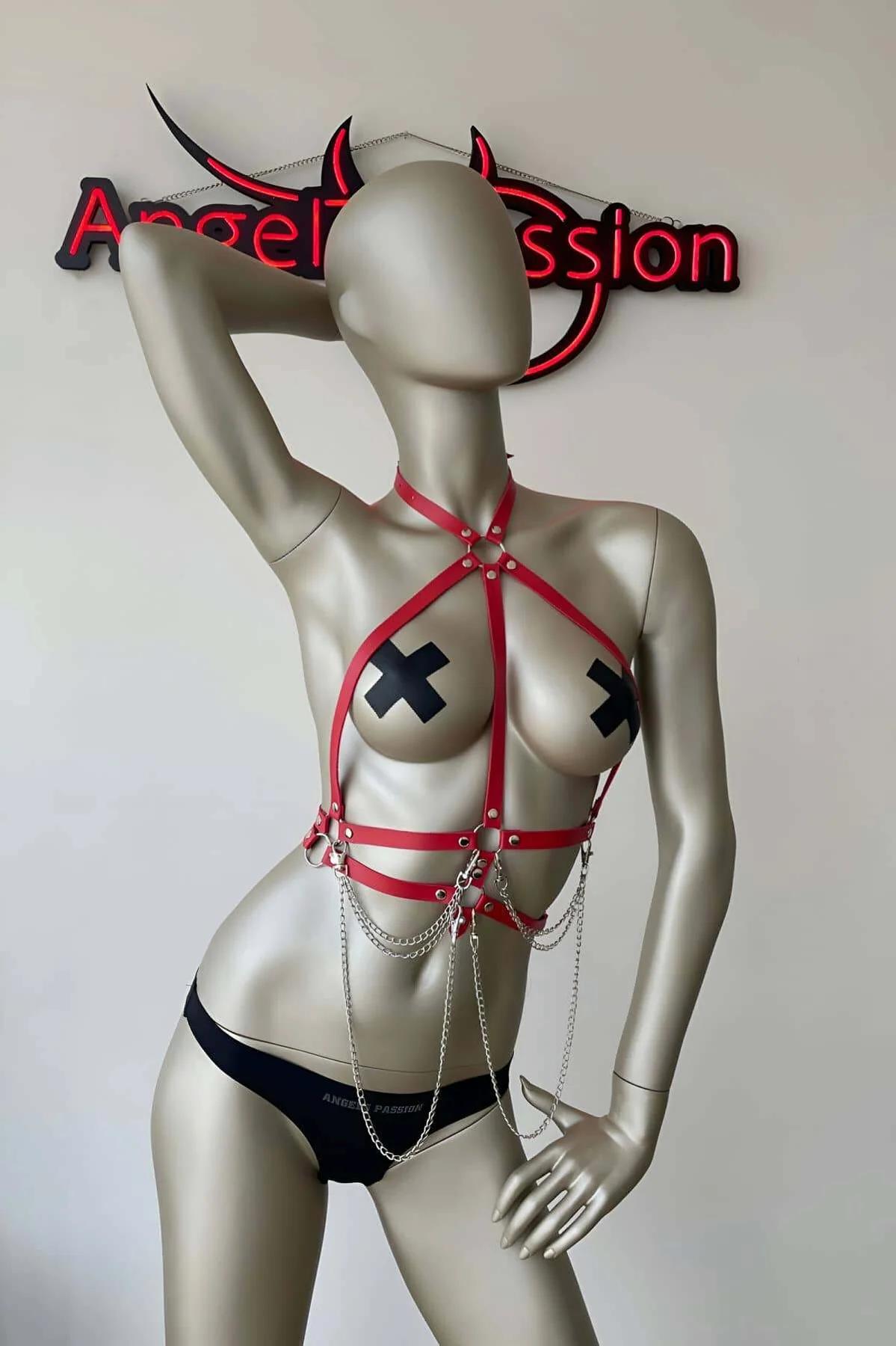red PU leather chest harness silver buckle adjustable straps close-up detail