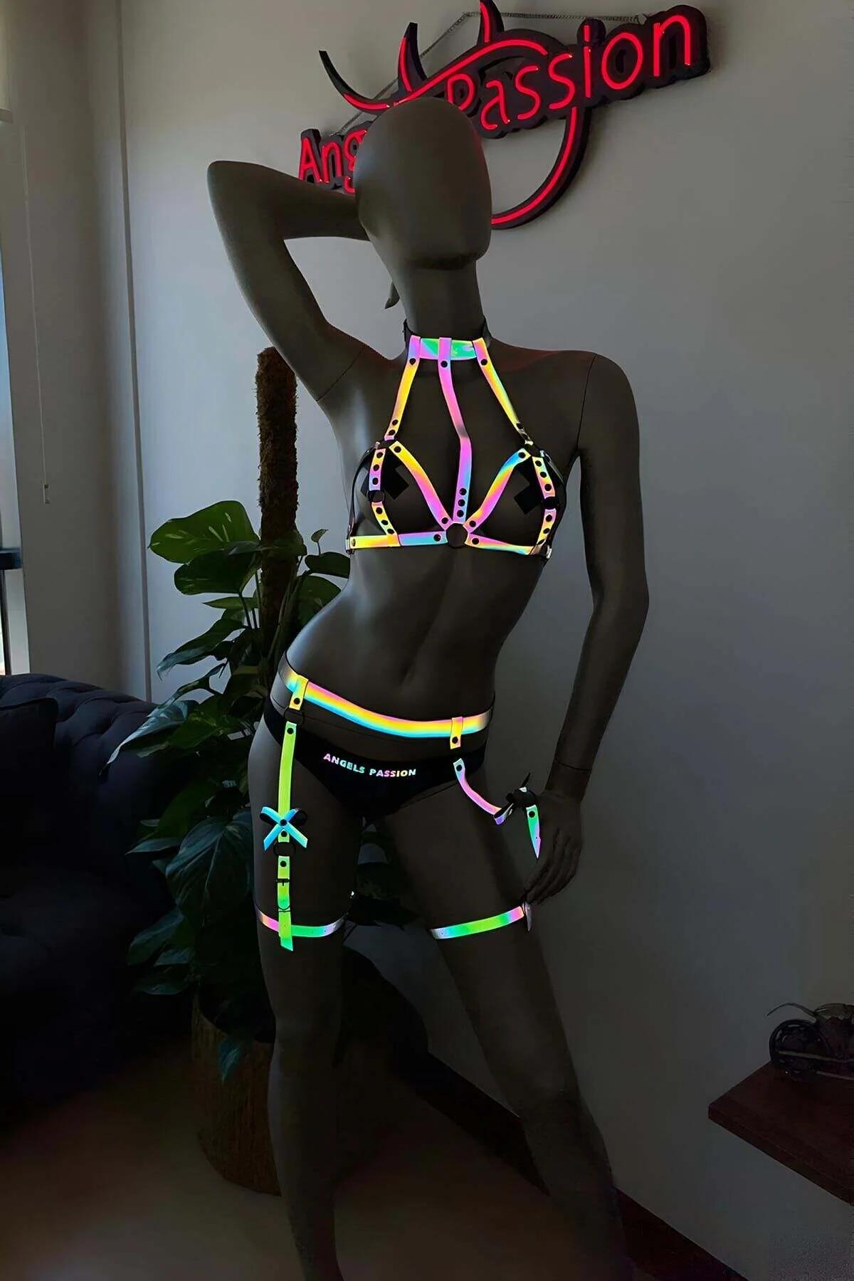 3 parça harness set göğüs bandı bel bandı jartiyer askısı yansıtıcı malzeme