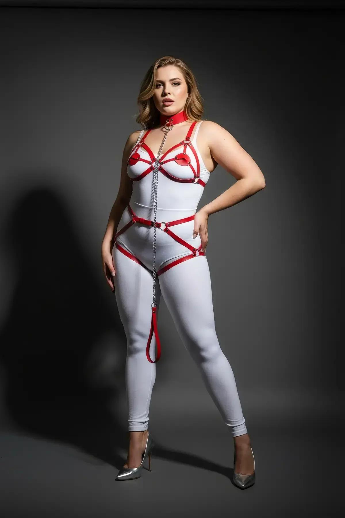 close-up red strappy harness bra panel with silver D-rings and structured choker collar detail