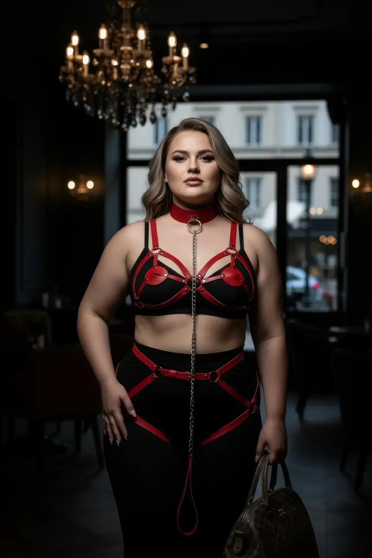 side angle red PU leather body harness showing strap width and chain length against neutral background