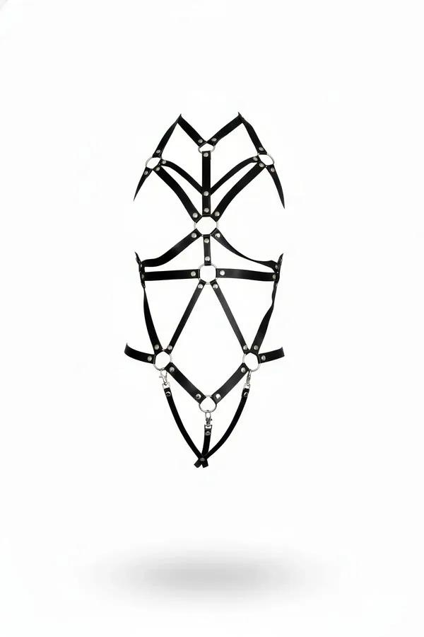 Siyah suni deri body harness çok bantlı geometrik yapı gümüş metal O-halkaları ve karabina kancası
